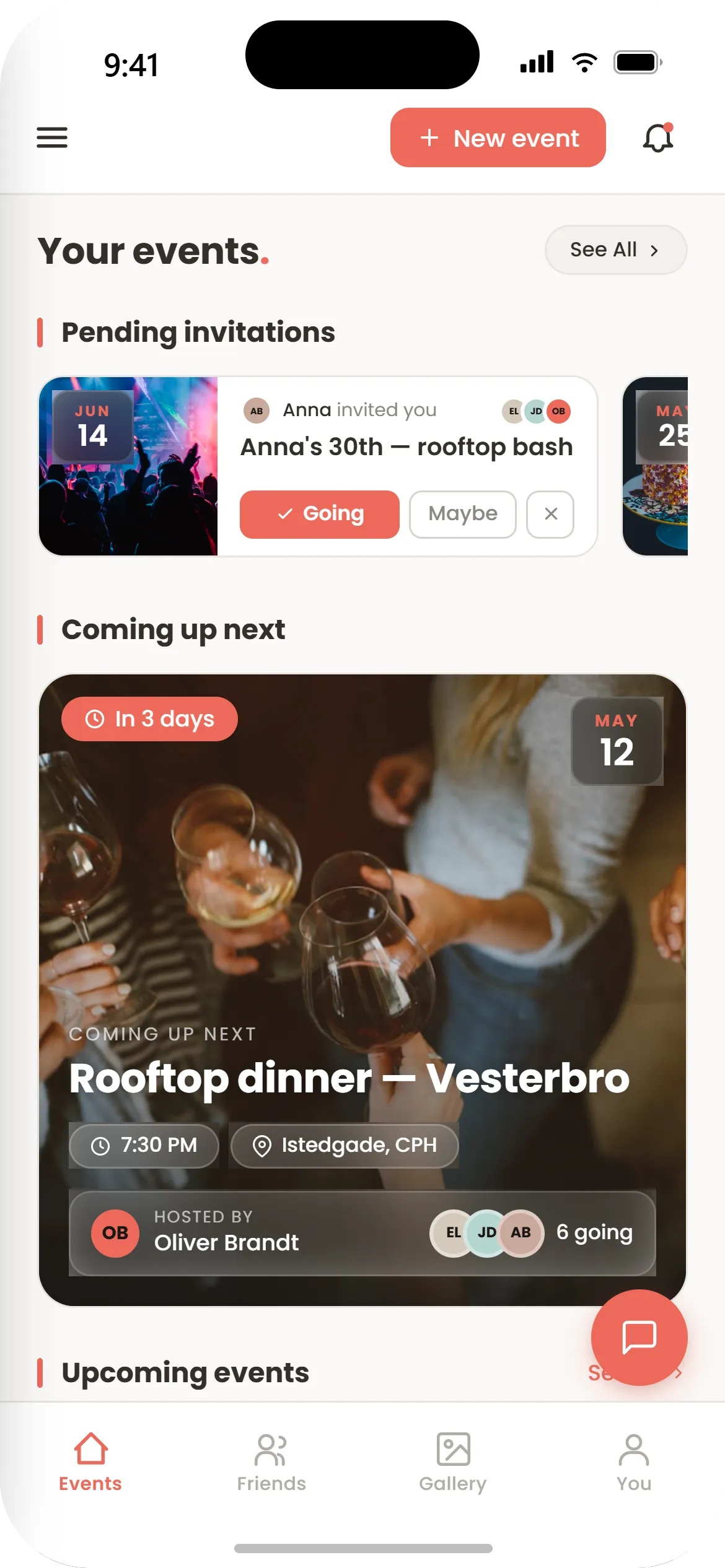 Invyte mobile app showing an event with chat and shared photos